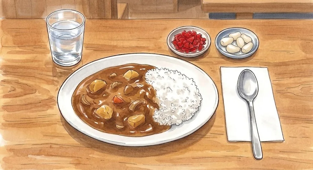 Watercolor illustration of Japanese curry rice on a white plate, a thick brown curry with potato, carrot and onion beside white rice, with small dishes of red fukujinzuke and pickled rakkyo, a glass of water and a spoon on a wooden counter