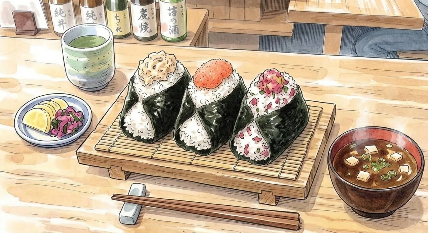 Watercolor illustration of three nori-wrapped rice balls on a bamboo mat, topped with tuna mayo, orange cod roe and rice mixed with pink pickles, beside green tea, yellow and pink pickles, a bowl of tofu miso soup and chopsticks