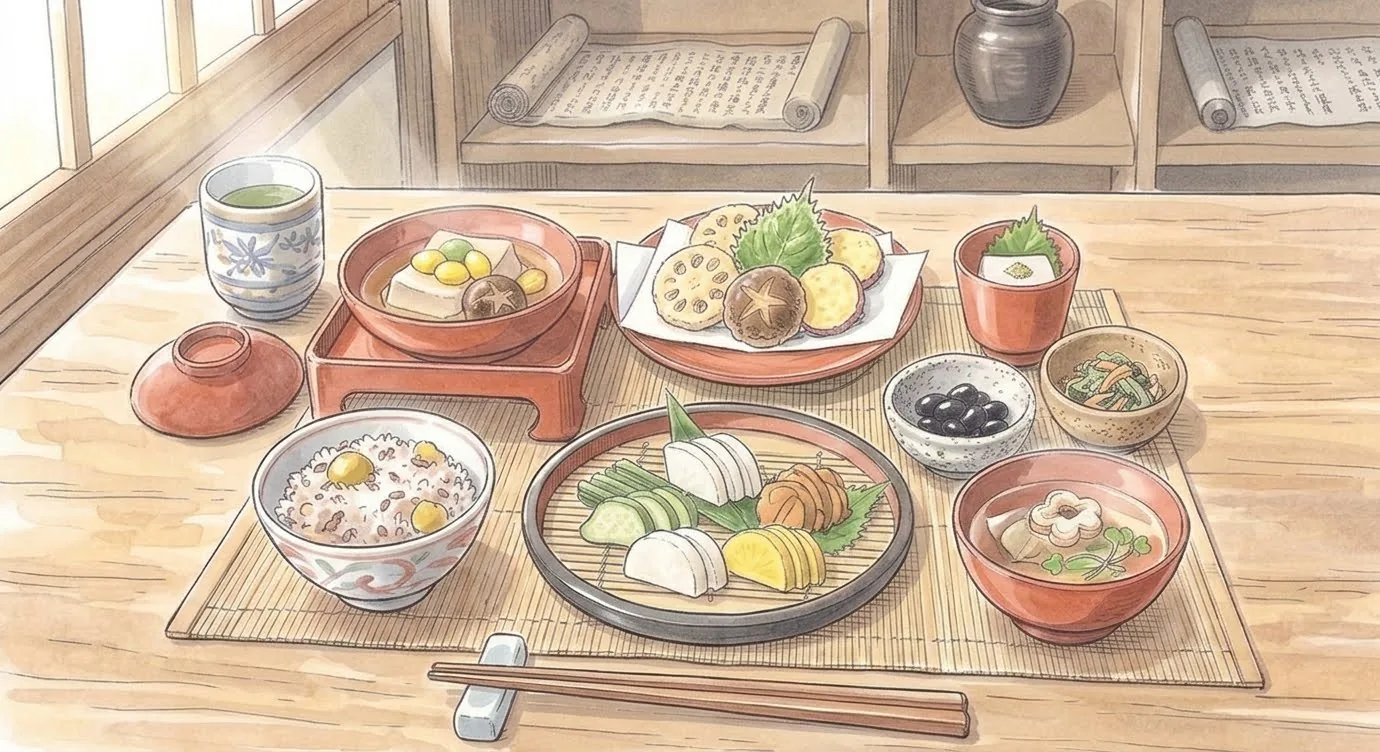 Watercolor illustration of a Buddhist vegetarian meal on a wooden table, with lotus root, shiitake, sweet potato and shiso-leaf tempura, simmered tofu, chestnut rice, pickles, black beans and a clear soup in red lacquer bowls
