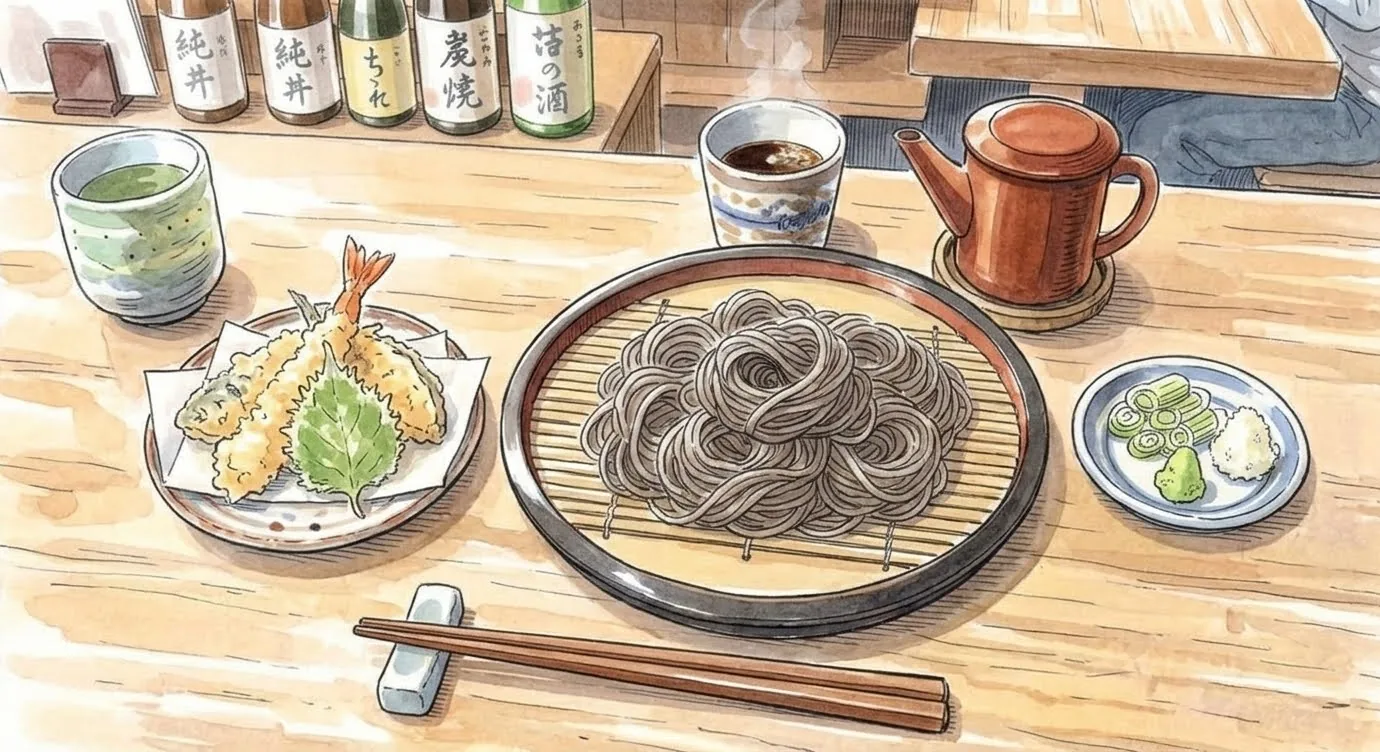 Watercolor illustration of cold soba on a round bamboo tray on a wooden counter, with shrimp and shiso-leaf tempura, a cup of dipping sauce, green onion, wasabi and grated daikon, a red-brown pot of soba-yu, and sake bottles on the shelf behind