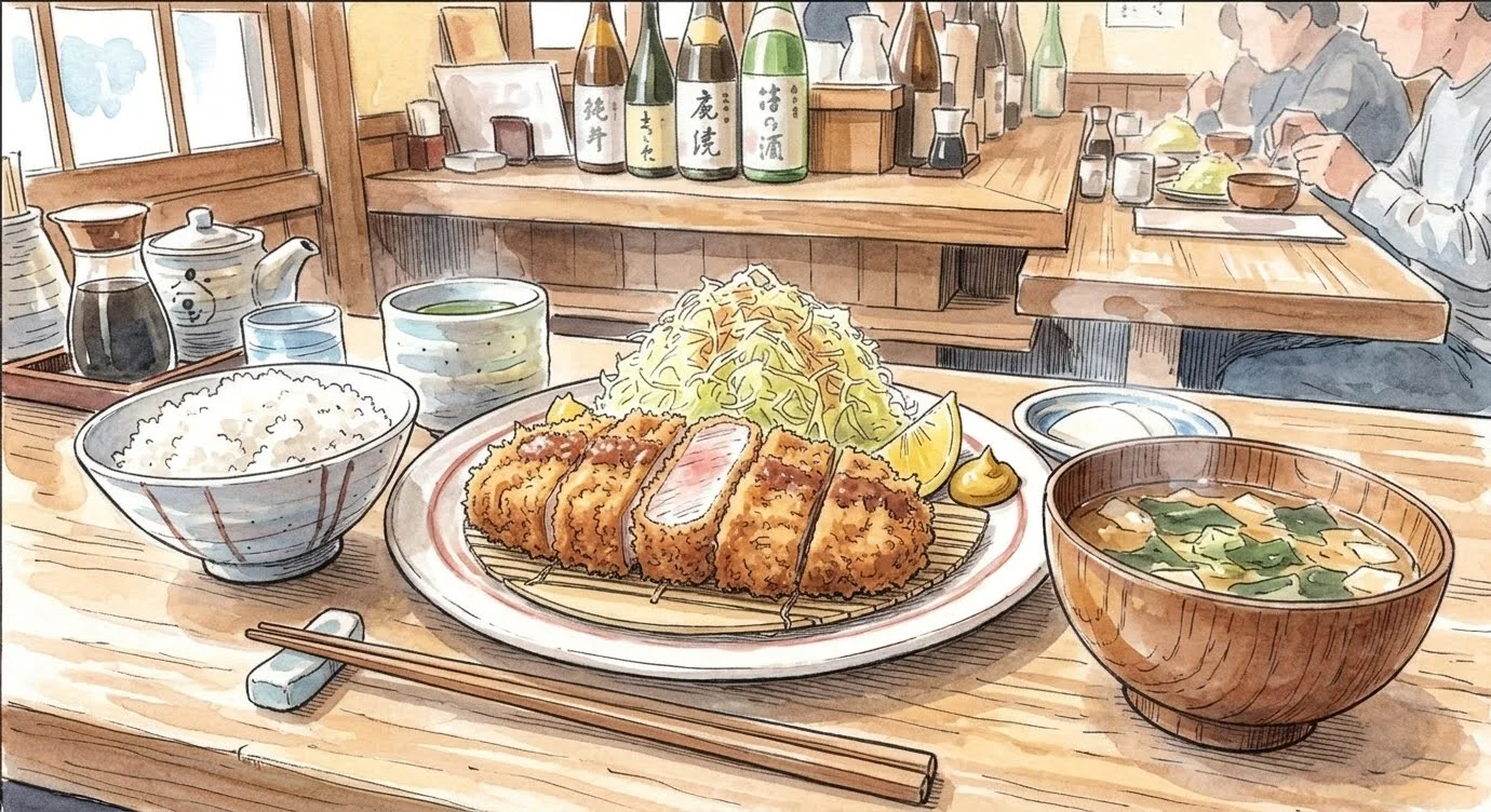 Watercolor illustration of a tonkatsu set on a wooden counter, a sliced breaded pork cutlet with shredded cabbage, rice, miso soup and mustard, sake bottles on the shelf behind