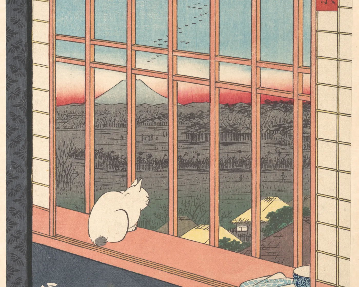 Hiroshige woodblock print: a white cat on a windowsill looks out over the Asakusa rice fields as toward Mount Fuji — the road to the Tori-no-ichi festival lies below